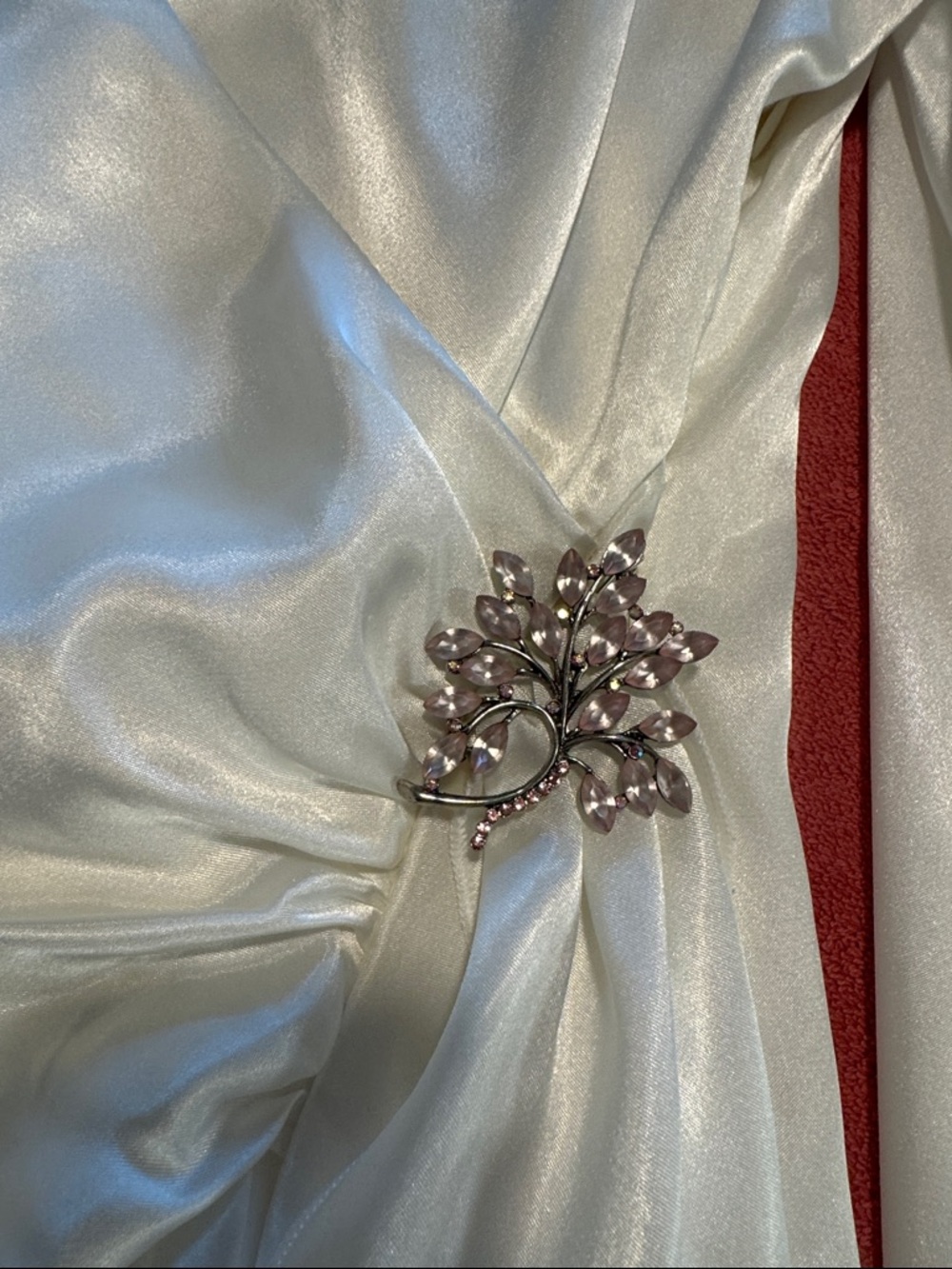 MSK Ivory Satin Wrap Blouse with Jeweled Brooch - Picture 10 of 12